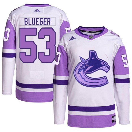 Adidas Teddy Blueger Vancouver Canucks Youth Authentic Hockey Fights Cancer Primegreen Jersey - White/Purple