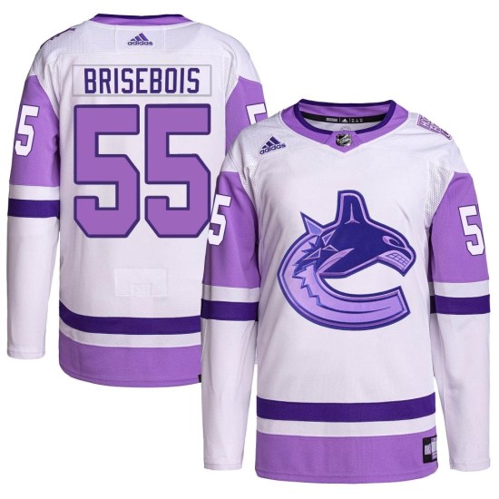 Adidas Guillaume Brisebois Vancouver Canucks Youth Authentic Hockey Fights Cancer Primegreen Jersey - White/Purple