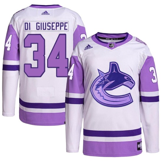 Adidas Phillip Di Giuseppe Vancouver Canucks Youth Authentic Hockey Fights Cancer Primegreen Jersey - White/Purple