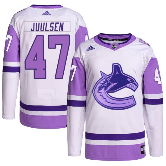 Adidas Noah Juulsen Vancouver Canucks Youth Authentic Hockey Fights Cancer Primegreen Jersey - White/Purple