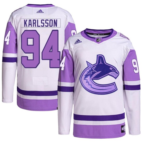 Adidas Linus Karlsson Vancouver Canucks Youth Authentic Hockey Fights Cancer Primegreen Jersey - White/Purple