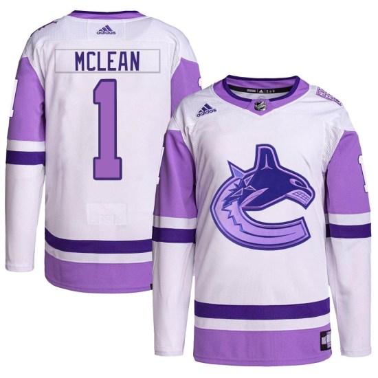 Adidas Kirk Mclean Vancouver Canucks Youth Authentic Hockey Fights Cancer Primegreen Jersey - White/Purple