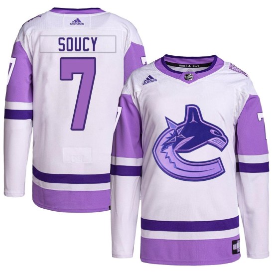 Adidas Carson Soucy Vancouver Canucks Youth Authentic Hockey Fights Cancer Primegreen Jersey - White/Purple