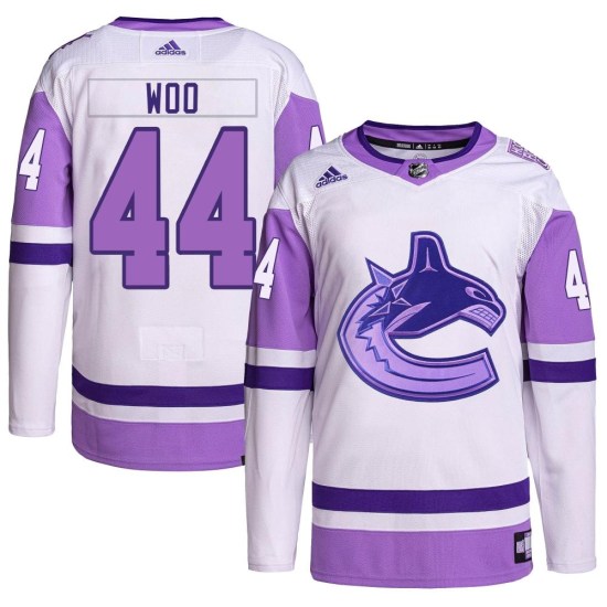 Adidas Jett Woo Vancouver Canucks Youth Authentic Hockey Fights Cancer Primegreen Jersey - White/Purple