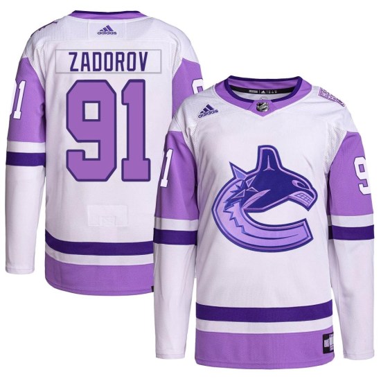 Adidas Nikita Zadorov Vancouver Canucks Youth Authentic Hockey Fights Cancer Primegreen Jersey - White/Purple