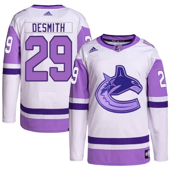 Adidas Casey DeSmith Vancouver Canucks Authentic Hockey Fights Cancer Primegreen Jersey - White/Purple