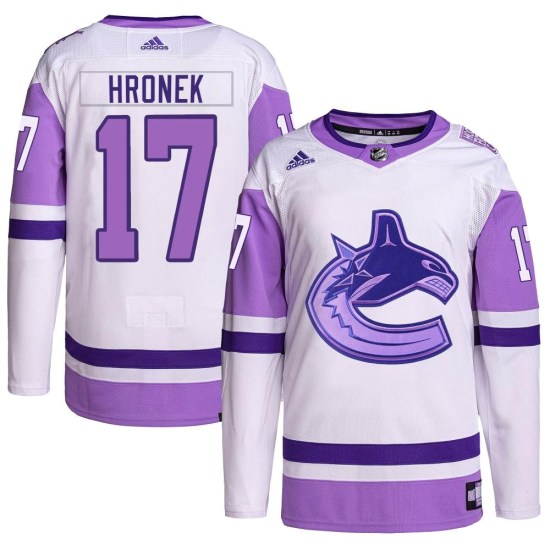 Adidas Filip Hronek Vancouver Canucks Authentic Hockey Fights Cancer Primegreen Jersey - White/Purple