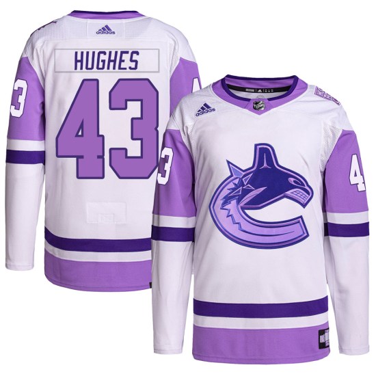 Adidas Quinn Hughes Vancouver Canucks Authentic Hockey Fights Cancer Primegreen Jersey - White/Purple