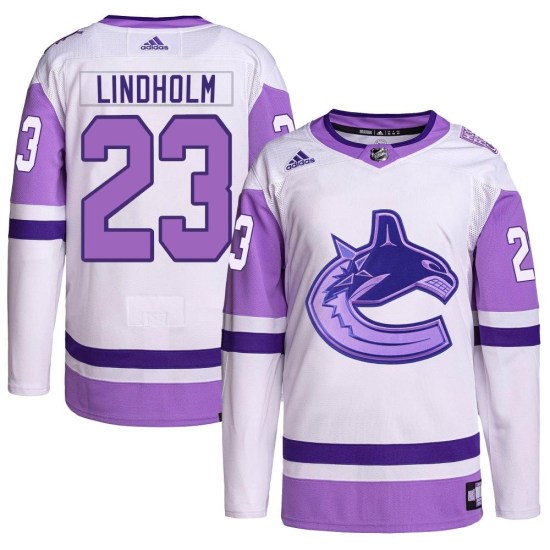 Adidas Elias Lindholm Vancouver Canucks Authentic Hockey Fights Cancer Primegreen Jersey - White/Purple
